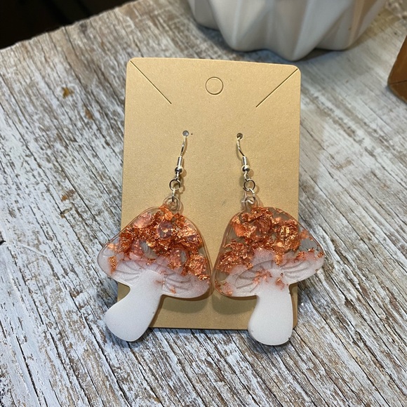 Mushroom Earrings - Copper and White Amanita - Picture 3 of 11